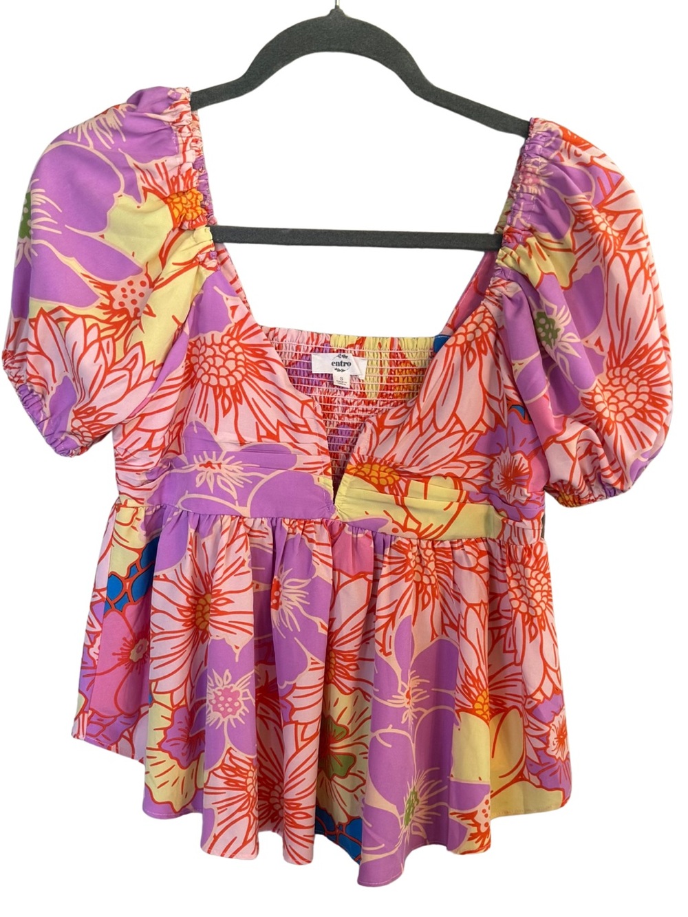 Retro Floral Puff-Sleeve Peplum Top